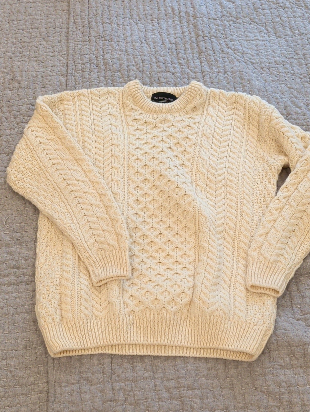 Rue Saint-Patrick cream Aran Cable Knit Crewneck Sweater